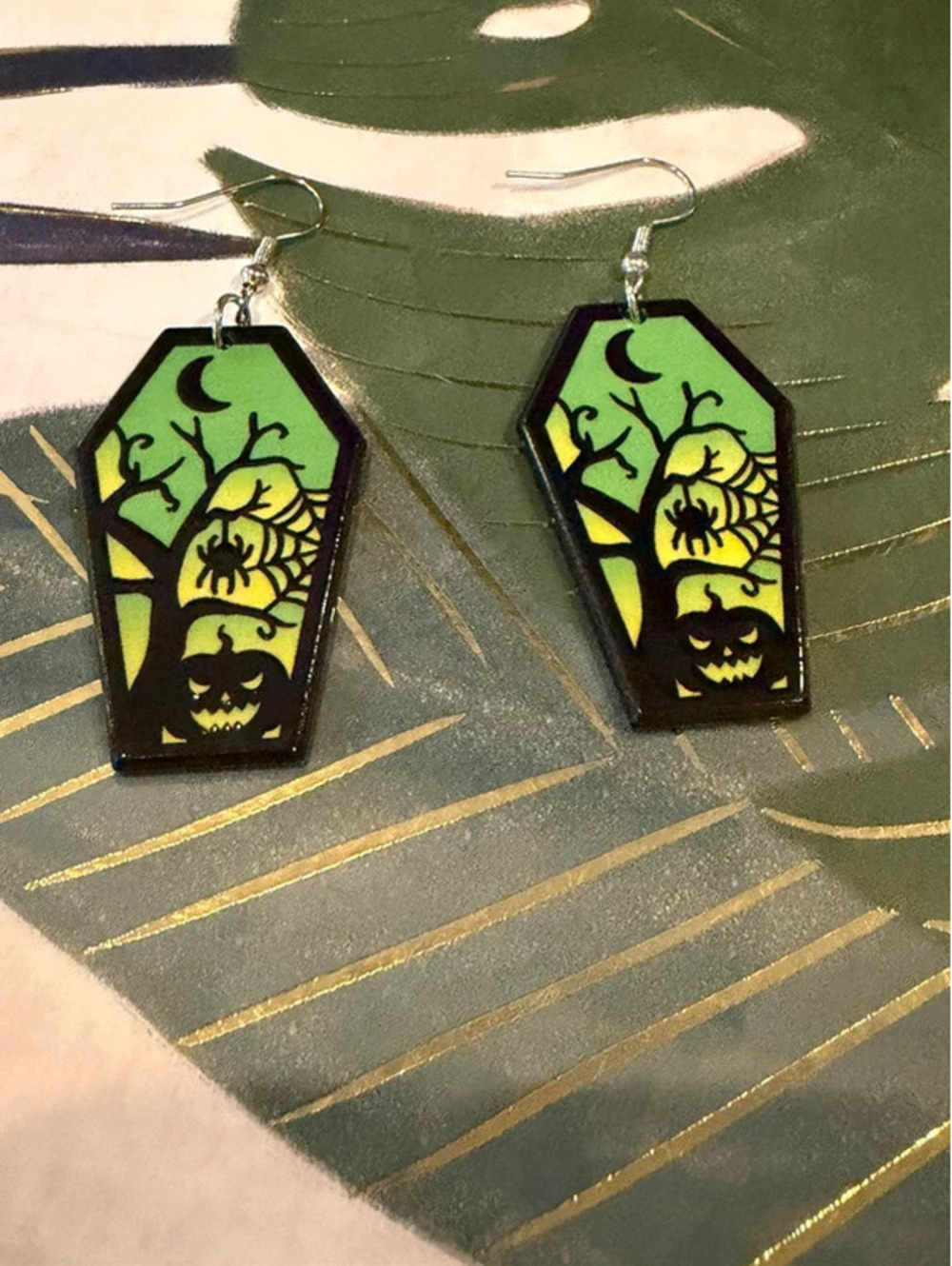 Halloween Coffin Spider Pumpkin Dangle Earrings Green Black